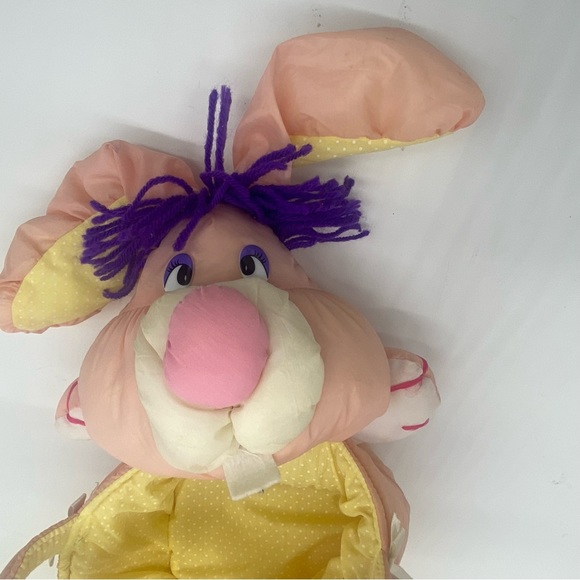 Vintage Pink Yellow Nylon Parachute Plush Bunny Easter Basket Puffalump Style - Picture 8 of 14